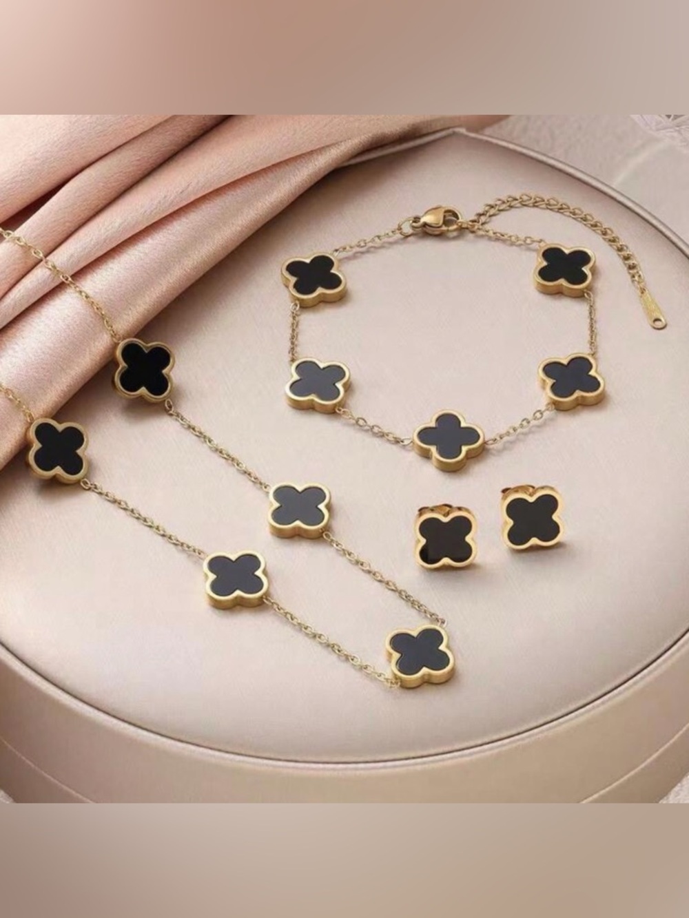 Gold and Black Clover Link Necklace, Bracelet & Stud Earring Set